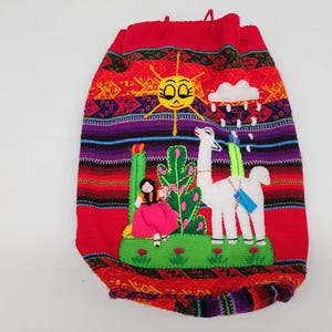 Leather handmade llama Embroidered Women\'s backpack over shoulder Bag Peruvian Textile Souvenir Backpack Bag w/Embroidery Red  main image 4