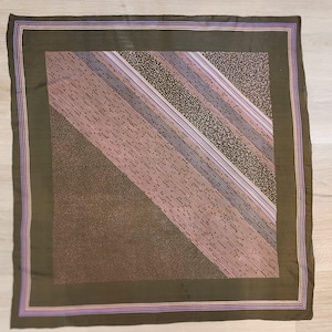 Vintage Triangle Pure Silk Hand-Printed Scarf Brown Pink Dots Stripes  33&quot;