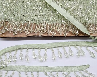 Garniture à franges en satin de perles acryliques vertes 6 yards 24" 1/4" large vintage