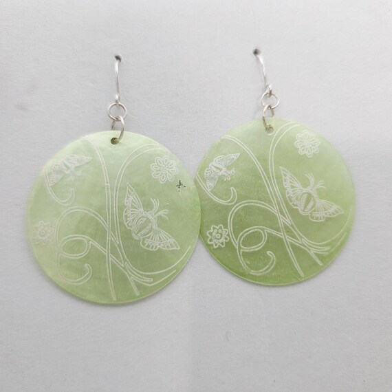 Round Green Shell Earrings With Butterfly & Floral Engraving Design 2.5"