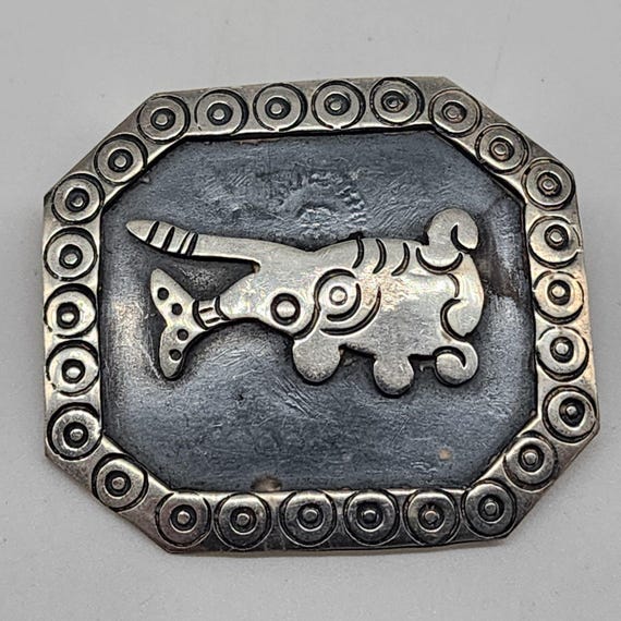 Sterling Silver Aztec Brooch Talleres Los Ballesteros Octagon Shape Stamped