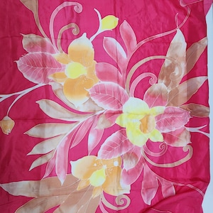 Vintage Floral Silk Batik Scarf With Yellow & Pink Flowers 34&quot;