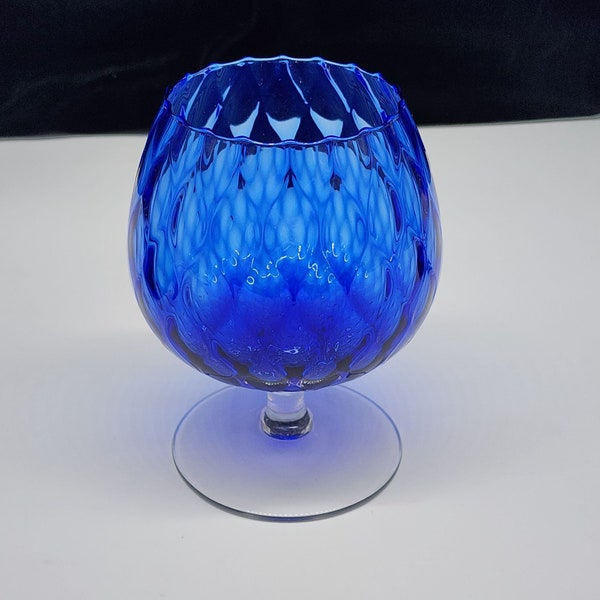 Blue Glass Brandi Snifter Cobalt Blue Diamond Pattern Optic Clear Stem 5" Tall VTG