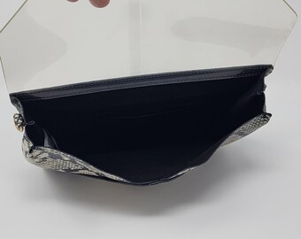 Aldo Cross Body Bag Chic Metal Clear Front Flap Snakeskin Print Black and  White