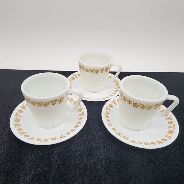 Pyrex Butterfly Gold Coffee Mug Cup With Corelle Saucers VTG Lot of 3 Milk Glass