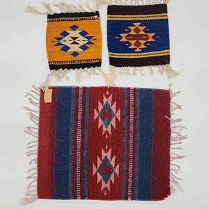 Zapotec Wool Mat and 2 Coasters Oaxaca Mexico Multicolor Vintage