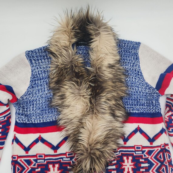 MinkPink Rojo Blanco Azul Diseno Azteca Cuello de Piel Sintetica Sueter Cardigan Tejido M Etsy Mexico
