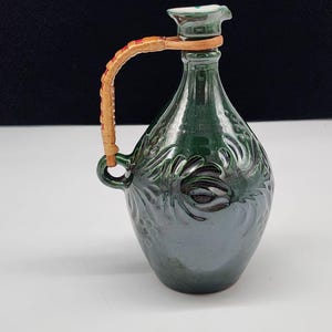 Vintage Green Glazed Ceramic Jug Cruet With Woven Handle & Embossed Floral Design