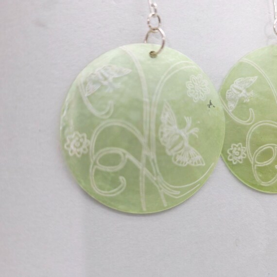 Round Green Shell Earrings With Butterfly & Floral Engraving Design 2.5" View 4