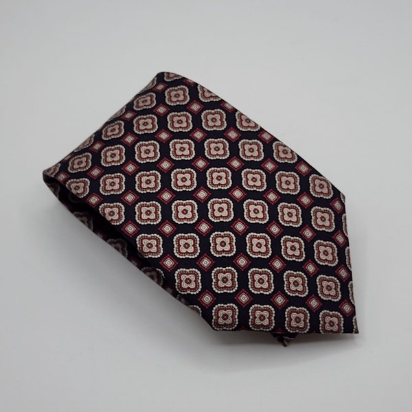 Mario Valentino Necktie Tie Geometric Black Red Silk 3.5" Wide 55" Long GEO13