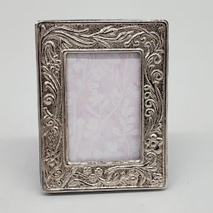 Ornate Silver Plate Miniature Picture Frame With Floral Design 1.5&quot;x2&quot;
