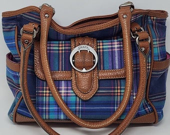 Chaps Plaid Shoulder Bag Leather Strap Zip and Snap Closure Blue VTG