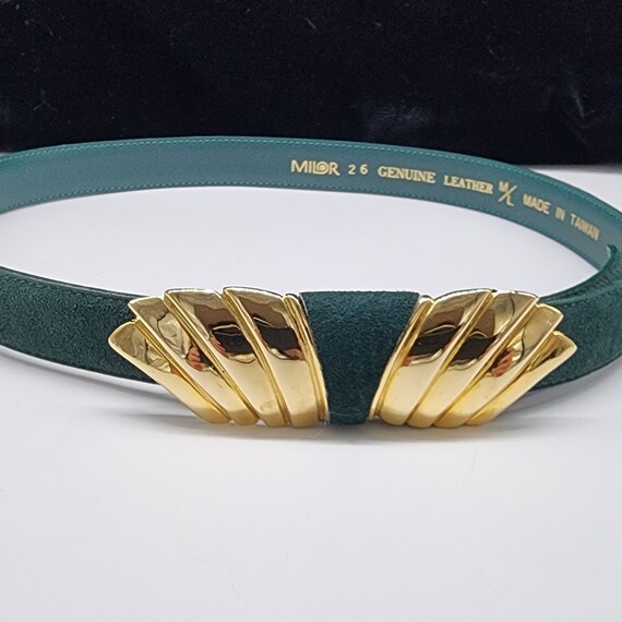 1980s Milor Green Suede Leather Belt Gold Tone Bu… - image 2
