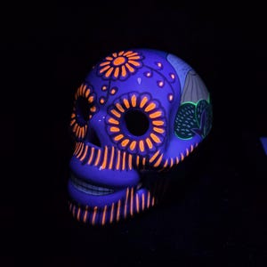 Signed Mexico Day of the Dead Skull Figure Hand Painted UV Glow 5.5" VTG