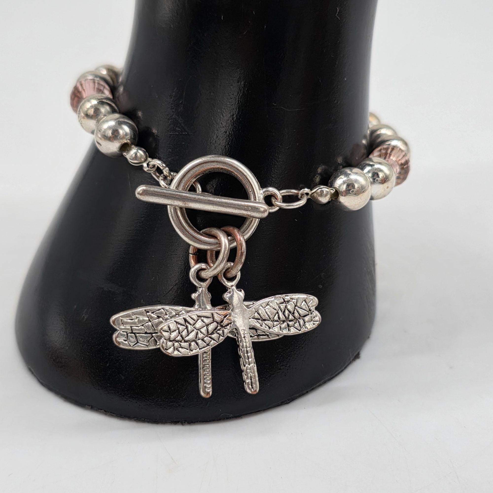 Dragonfly Charm Beaded Bracelet Toggle Clasp Silver & Pink Accents