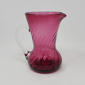 Cranberry Optic Glass Creamer Pitcher With Clear Smooth Handle 6&quot; Vintage MCM