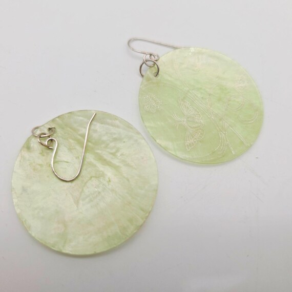 Round Green Shell Earrings With Butterfly & Floral Engraving Design 2.5" View 6