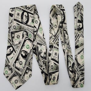 Gold City Money Necktie Black Green Polyester 59&quot; Long 4&quot; Wide Vintage