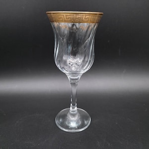 Vintage Italian  Clear Glass Goblet With Gold Greek Key Rim Pattern 7"