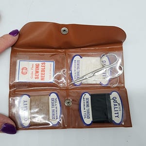 Vintage Sewing Kit With Needles Threads & Scissors In Brown Snap Closure Pouch
