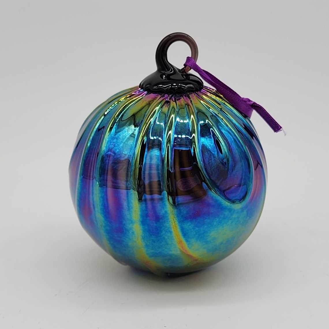 Art Glass Hanging Ball Ornament Hand Blows Iridescent Blue Etsy