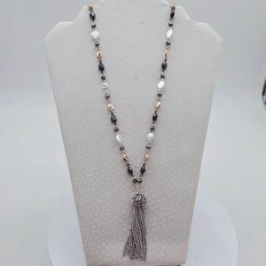 Nine West Multi-Tone Beaded Necklace Silver Tassel Pendant 36" Adjustable Length