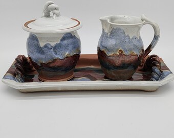 Handmade Stoneware Cream & Sugar Set with Tray Wheel Thrown Blue Brown VTG