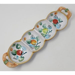 Neiman Marcus Italia 4 Sección Condimento o Bandeja de Oliva Fruta Pintada a Mano VTG 11.5" x 4.5"