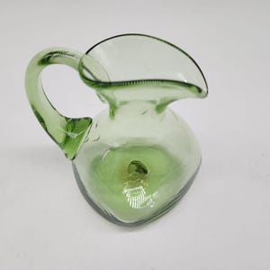 Vintage Green Handblown Glass Pitcher Ruff Pontil Square Base 4.25&quot; High