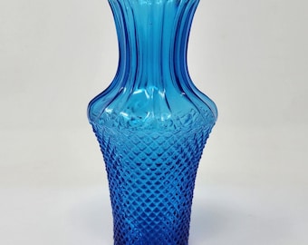 Vintage Glass Bud Vase Blue Diamond Pattern Ruffled Rim Delicate 6.5" G0022