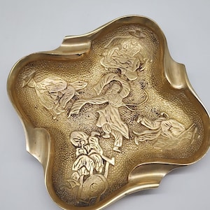 Vintage MCM Brass Decorative Ashtray Dish With Engraved Oriental Design