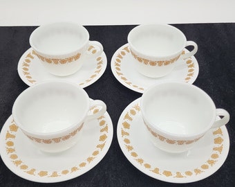 Pyrex Butterfly Gold Tea Cup With Corelle Saucers VTG Lot of 4 Milk Glass