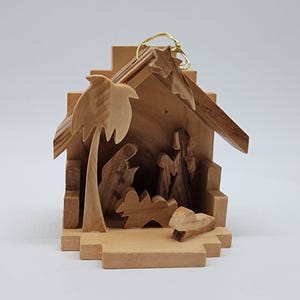 Handcrafted Bethlehem Nativity Scene Wooden Ornament Oak
