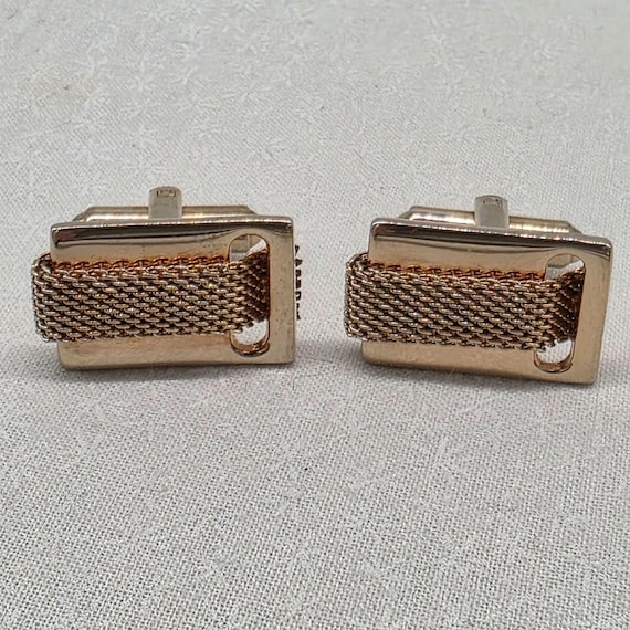 Vintage Gold-Tone Mesh Rectangular Cufflinks For … - image 2