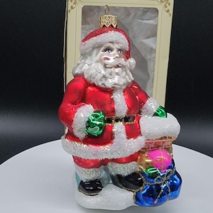 Vintage Glass Santa Claus Chimney Presents Christmas Ornament Mouth Blown Poland