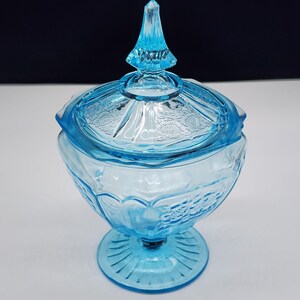 Anchor Hocking Candy Dish With Cover Mayfair Open Rose Blue 8 1/2”