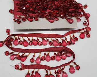 Frangia in raso con perline acriliche rosse, 2 iarde, 14" 1-5/8" di larghezza vintage