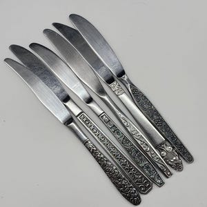 Vintage Stainless Steel Butter Knives Set Of 6 With Ornate Floral Handles