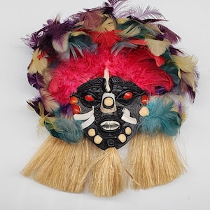 Handmade Tribal Brazil Mask With Colorful Feathers & Natural Fiber Tassels