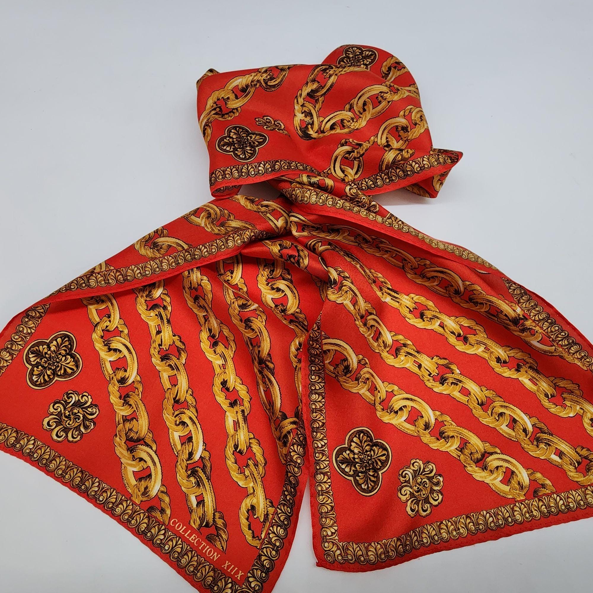 Collection XIIX Red Scarf With Gold Chain Design Lightweight Silk