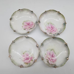 Set Of 4 RS Prussia Porcelain Bowls Pink Rose Design Gold Trim Scalloped VTG