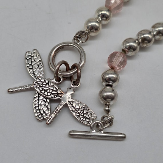 Dragonfly Charm Beaded Bracelet Toggle Clasp Silver & Pink Accents