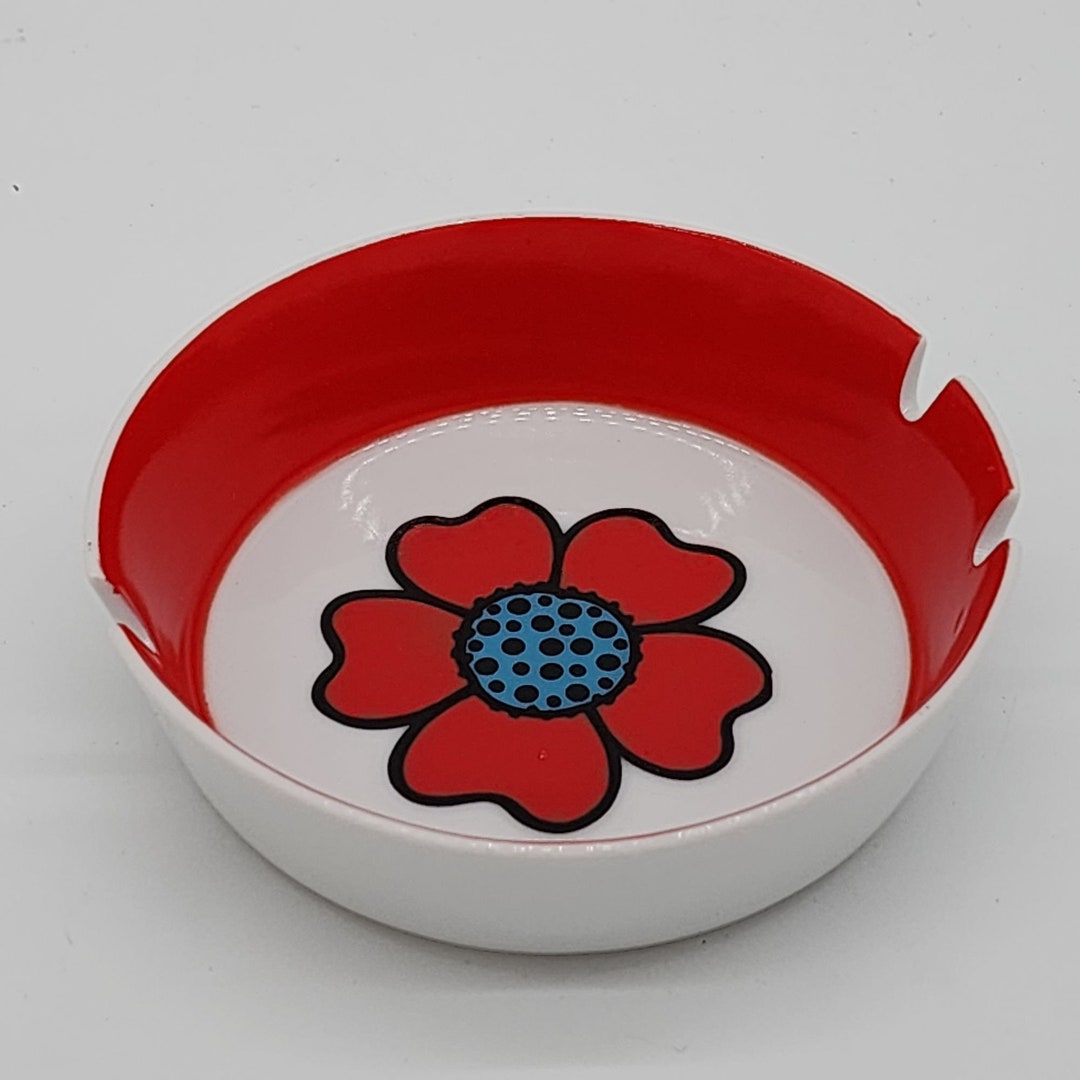 Milk Glass Ashtray With Red Flower and Red Inner Rim 4.5 Etsy