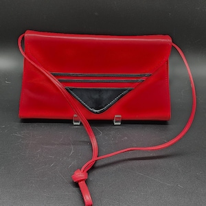 Vintage Red Faux Leather Clutch With Black Accents Strap Retro Chic Handbag 1980s