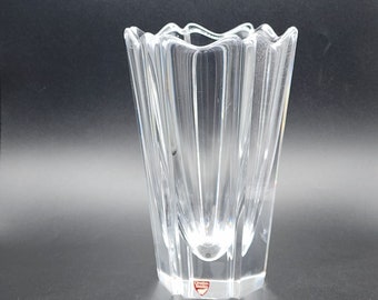 Orrefors Crystal Vase Signed with Label Corona Sweden 7-7/8" Tall Vintage