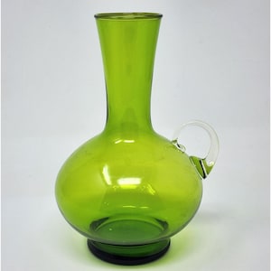 MCM Green Glass Decanter Pitcher With Clear Handle 6&quot; Tall Elegant Delicate Glass