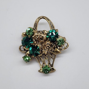 Vintage Gold Ton Korb Brosche mit Grün Rhinestone-Blumenmuster