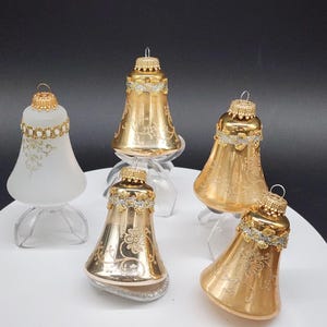 Vintage Gold & White Glass Bell Christmas Ornaments Glitter Ribbon Krebs