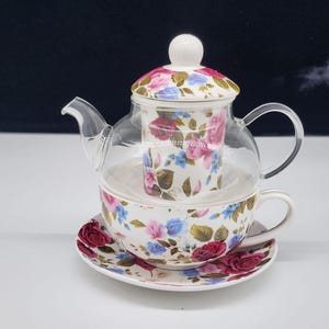 Grace Teaware Rose Floral Porcelain Tea For One Set With Infuser & Saucer