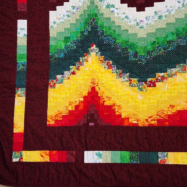 Handgefertigter Bargello Quilt Rot Gelb Grün Kastanienbraun 62 x 64 VTG Bild 5